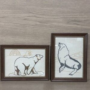Pair VTG Cross Stitch Polar Bear Seal Framed Set Gray Brown Black Finished